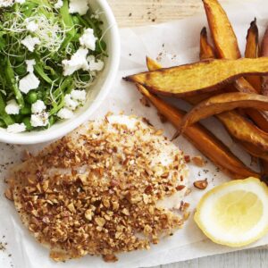 Baked almond-crusted fish and sweet potato chips