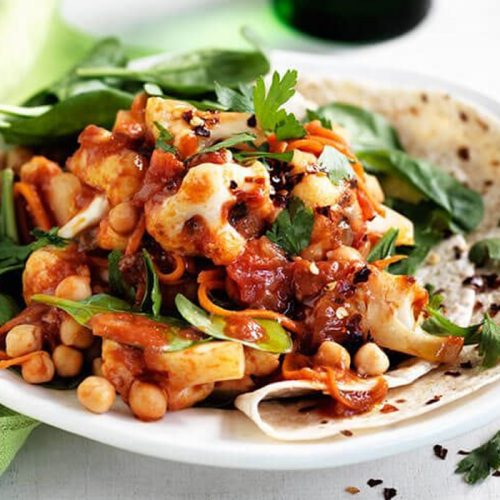 Spicy cauliflower and chickpea tortillas