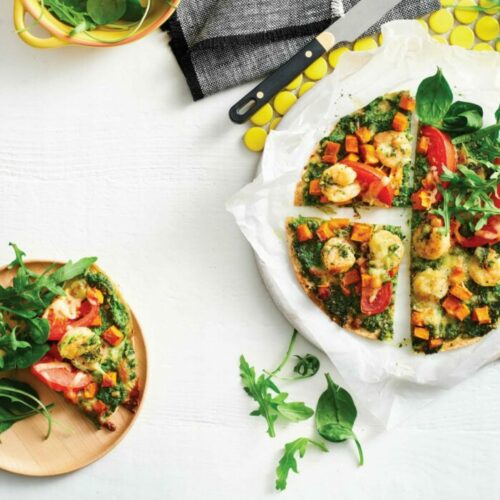 Garlic prawn pizza with rocket pesto
