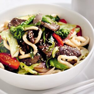 Maple-soy beef with udon noodles and vegetables