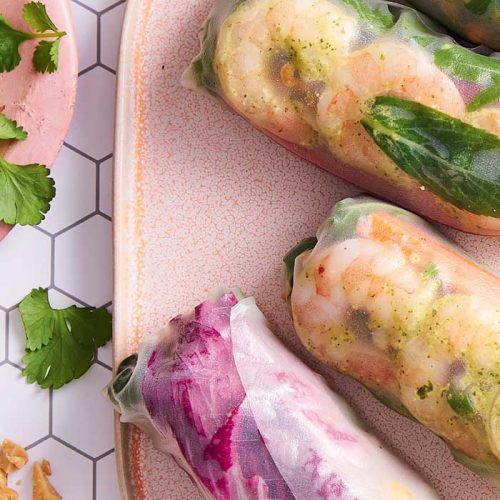 Rice paper rolls with coriander pesto prawns