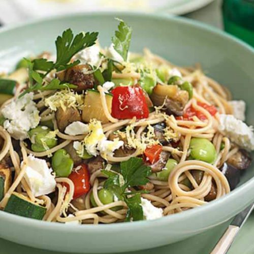 Roasted eggplant, capsicum and feta pasta