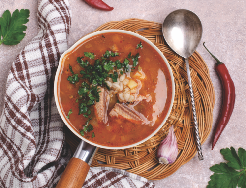 A recipe image displaying a bowl of soup