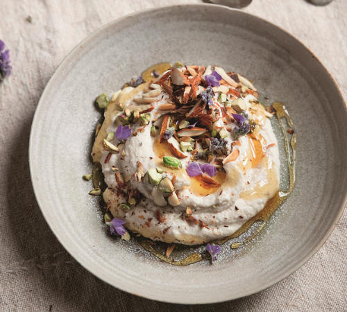 Almond ricotta with toasted almonds, lavender and coconut syrup